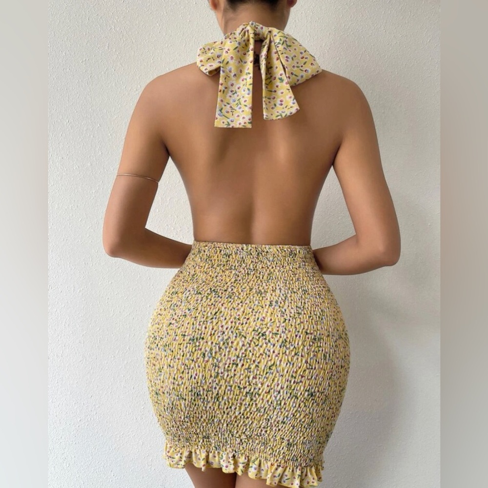 Yellow Spring/Summer dress, open back, ruffled skirt, halter dress, form fitting